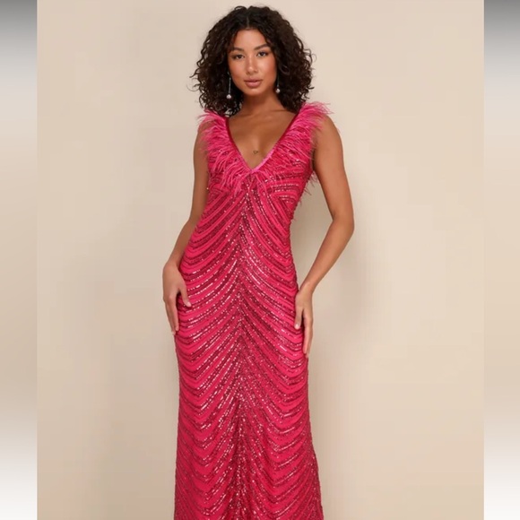 Lulus Dresses & Skirts - Lulu’s Magenta Sequin Feather Maxi Dress
